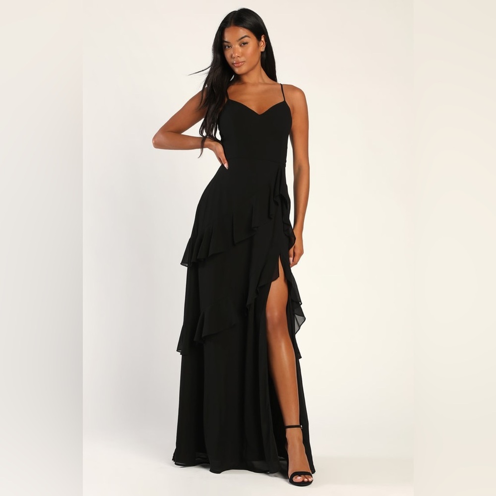 Lulus-Blessed with Beauty Black Ruffled Sleeveless Maxi Dress (Small)